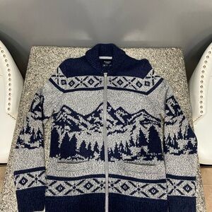 ABERCROMBIE & FITCH Mens Zip Nordic All Over Mountain Scene Sweater Wool Blend M
